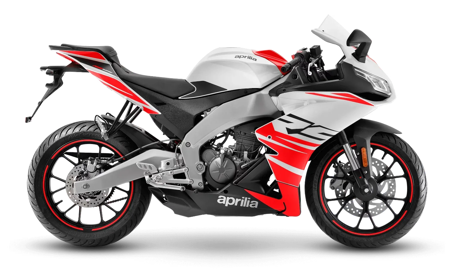 Aprilia RS 125 in Kingsnake White, zijaanzicht