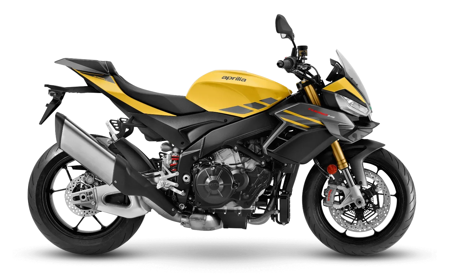Aprilia Tuono V4 1100 in Scorpion Yellow, zijaanzicht