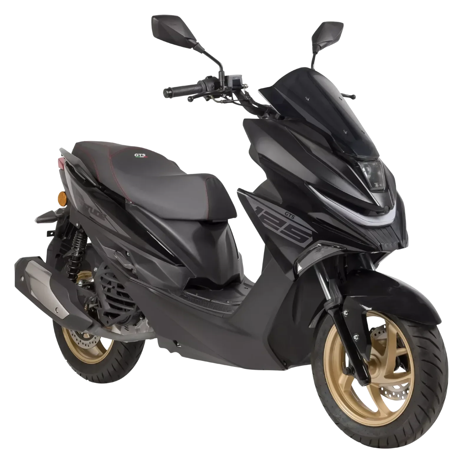 GTS Attitude 125 in Matt Carbon Black, driekwart vooraanzicht