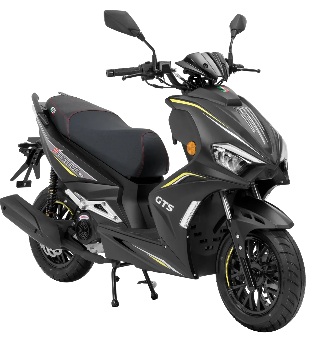 GTS Sportivo in Matt Carbon Black/Yellow, driekwart vooraanzicht